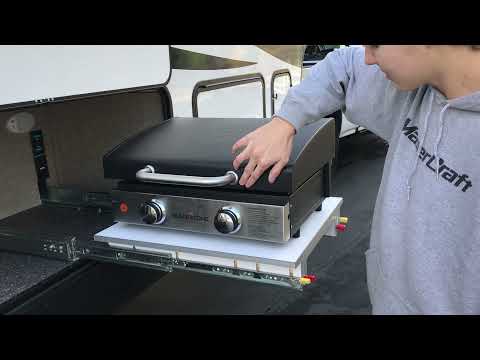 Sliding shelf for Blackstone grille in 5th wheel trailer RV
