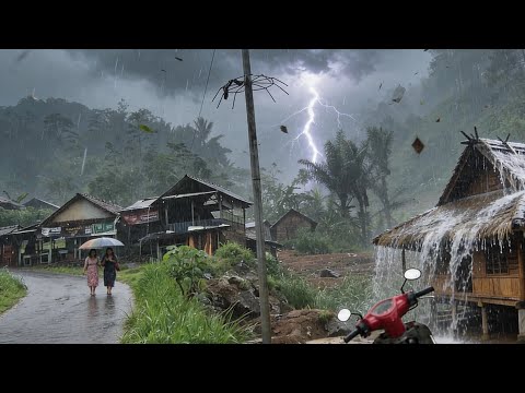Heavy rain thunderstorms in rural village||rain sounds for sleeping