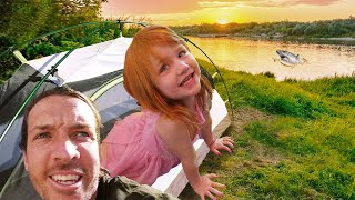 CAMPiNG at the LAKE!!  First Time Tent with Adley at PiRATE iSLAND! swimming, mermaid, camp routine!