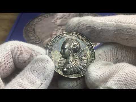 Gustav II Adolf och Maria Eleonora förgylld minnespenning 1632 från Roberto Delzanno Numismatik