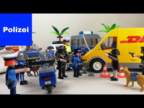 Playmobil Polizei Feuerwehr Krankenwagen Überfall auf den DHL Transporter mega Straßensperre 4K 🚓👍