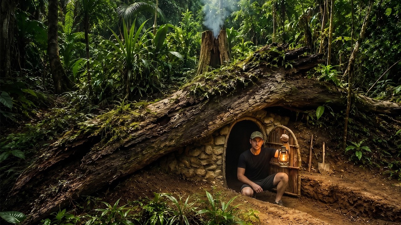 Building a Warm Secret Shelter Under a Giant Log | Bushcraft Survival, Catch & Cook