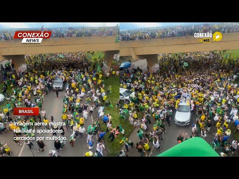 Vídeo: Imagem aérea mostra Nikolas e apoiadores cercados por multidão.