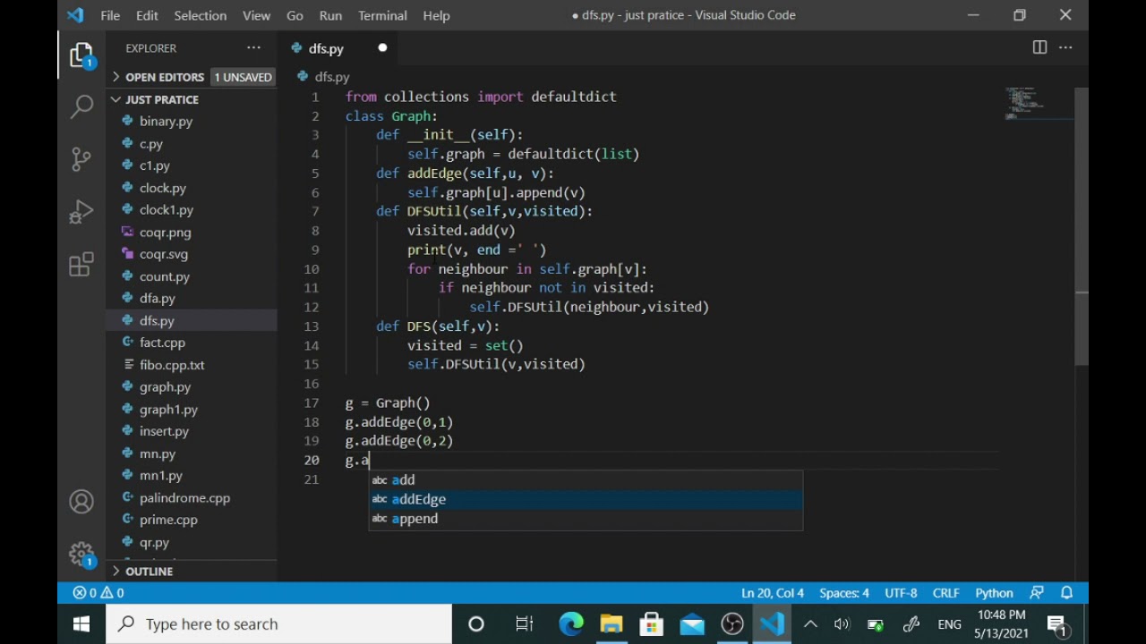 Depth First Search (DFS) for a graph using python programming