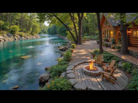 Peaceful Riverside Cabin Retreat with Warm Fire & Bird Sounds 🌿 Soft Morning Piano Music