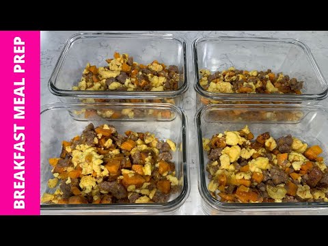 BREAKFAST MEAL PREP - sweet potato breakfast bowl with maple sausage, peppers and egg