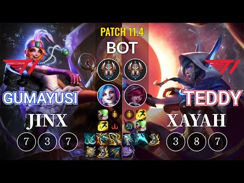 T1 Gumayusi Jinx vs T1 Teddy Xayah Bot - KR Patch 11.4