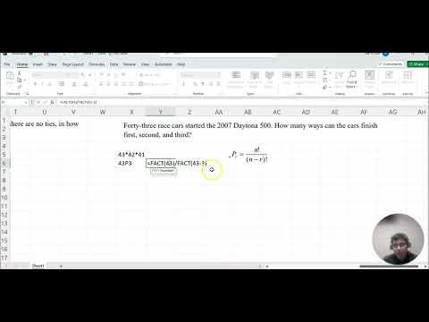 MAT 209 Lesson 7-2 FACT, PERMUT, COMBIN, using Excel, find Factorial permutation and combination