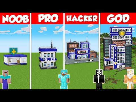 POLICE STATION BASE BUILD CHALLENGE - Minecraft Battle: NOOB vs PRO vs HACKER vs GOD / Animation