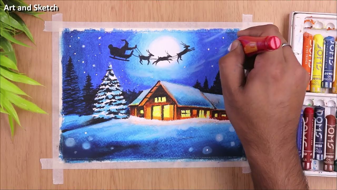 how to draw santa christmas scenery drawing and painting by art and sketch