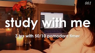 3hr early morning study with me 🌅 | 50/10 pomodoro timer with gentle fire crackle and rain sounds 🤍