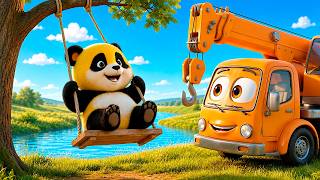 O panda Axel quer brincar no balanço e com o caminhão guindaste!