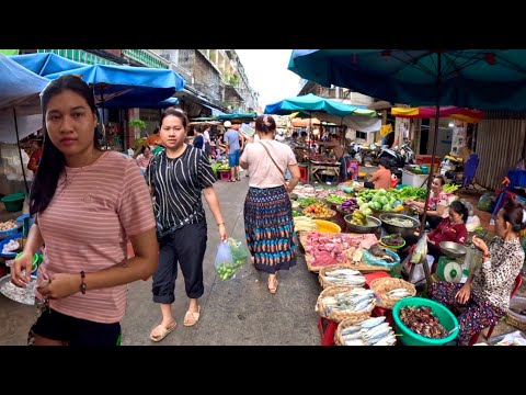 Cambodia Tour 2024 - Walking Tour 4K - Evening Visit Orussey Market, Phnom Penh Street Food