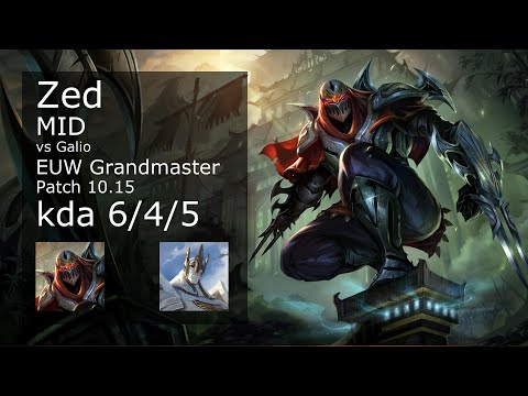 Zed Mid vs Galio - EUW Grandmaster 6/4/5 Patch 10.15 Gameplay
