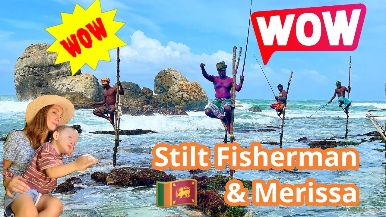 A family experiences Stilt fisherman viewing at pristine Mirissa.