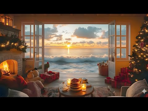 ✨🎄 Coastal Christmas Morning Ambience 🌊🏡 | Crackling Fireplace, Gentle Waves & Festive Calm 🔥📖