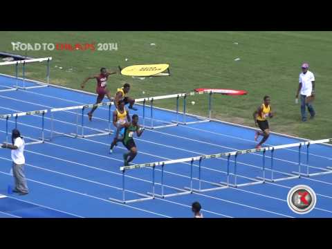 Wolmers' Jaheel Hyde wins HEAT 4 Boys Class 1 110m hurdles -Youngster Goldsmith -ROAD TO CHAMPS 2014