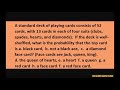 Find the probability of drawing a face card, the queen of hearts, not a black ace, and more