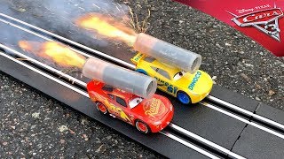 Rocket powered Disney Cars 3 Toys Carrera GO Lightning McQueen vs Cruz Ramirez !!