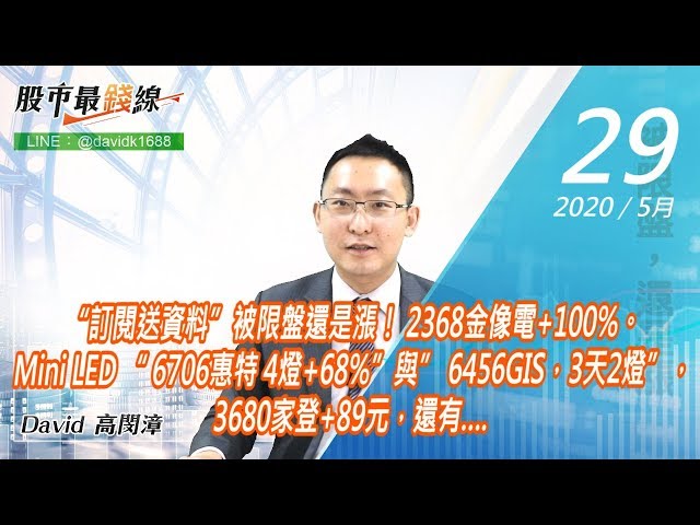 20200529《股市最錢線》#高閔漳，“訂閱送資料”被限盤還是漲！ 2368金像電+100%。Mini LED “ 6706惠特 4燈+68%”與” 6456GIS，3天2燈”，3680家登+89元，還有….
