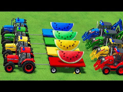 LOAD & TRANSPORT WATERMELON WITH CASE TRACTORS & FLATBED TRAILER & CAT LOADERS! FS 22