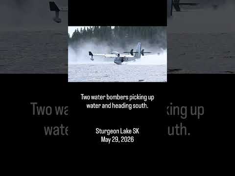 Two water bombers in front of the cabins at Sturgeon Lake Regional Park
