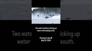 Two water bombers in front of the cabins at Sturgeon Lake Regional Park