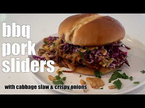 bbq pulled pork SLIDERS with homemade cabbage slaw & crispy onions