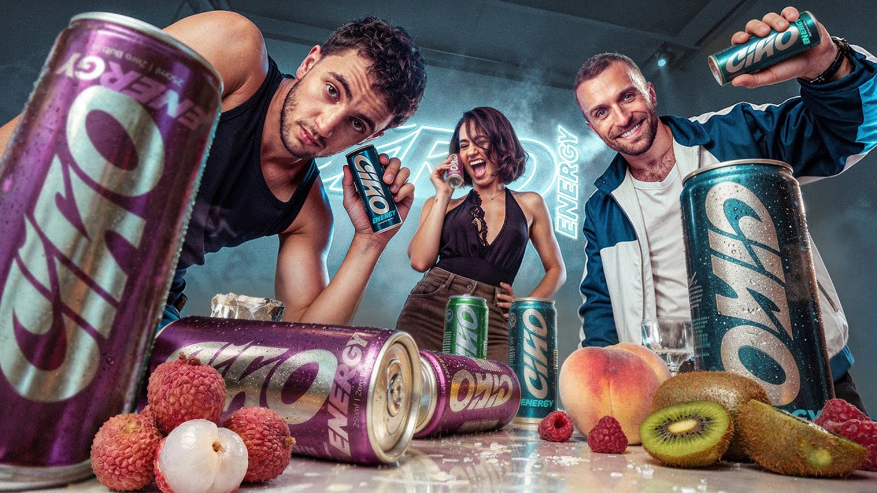 Ciao Energy, nouvelle gamme de boissons énergisantes lancée par Squeezie, Léna Situations et Inoxtag dans la grande distribution française le 1er juin 2026, six saveurs aux ingrédients naturels et stevia
