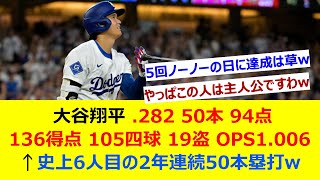 大谷翔平 .282 50本 94点 136得点 105四球 19盗 OPS1.006←史上6人目の2年連続50本塁打w【ネット反応集】