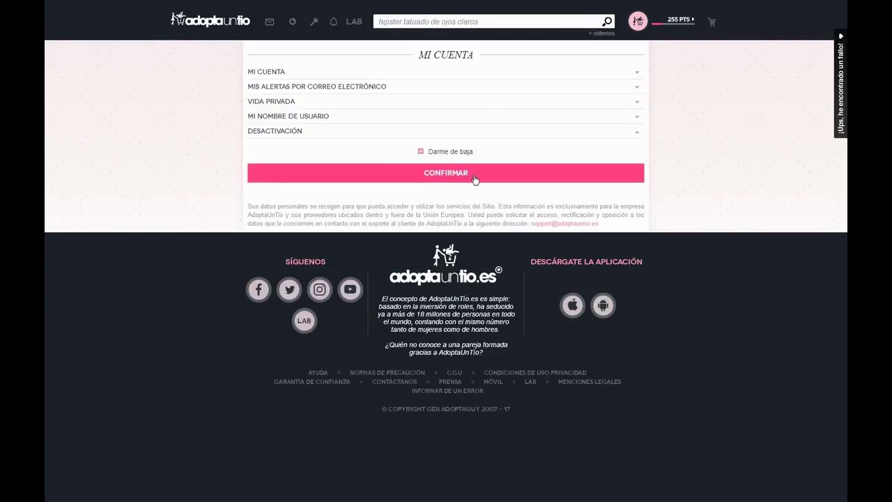 Cómo eliminar una cuenta de ADOPTA UN TIO. EliminarTuCuenta com