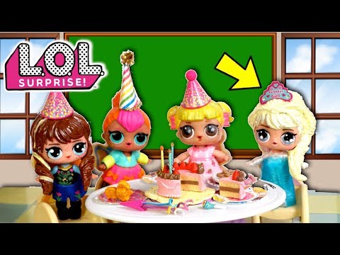 LOL Frozen Family Surprise Birthday Party in Barbie School with Baby Goldie & Punk Boi