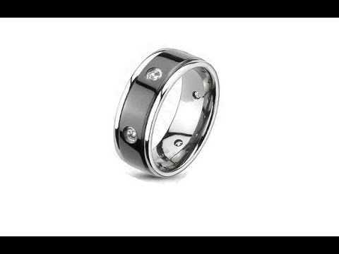 Biżuteria - Tytanowy pierścionek - czarny pas, wysadzane cyrkonie