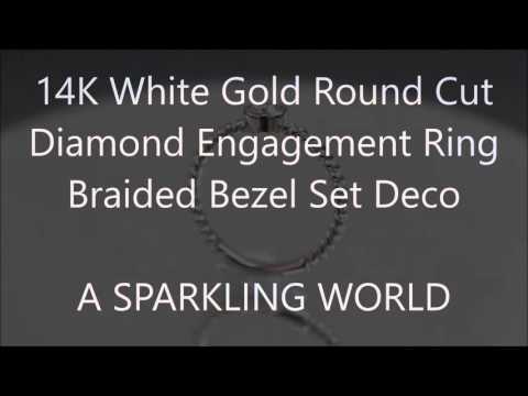 14K White Gold Round Cut Diamond Engagement Ring Braided Bezel Art Deco 0.20ctw - ASW - 988N