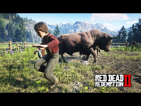 RUN FROM THE ANGRY BULL AND EXPLORING CAVES - John Marston's Farm