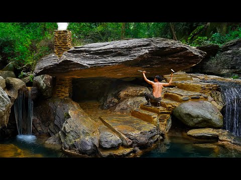How I Built a Warm Survival Shelter Under a Giant Rock for 7 Days