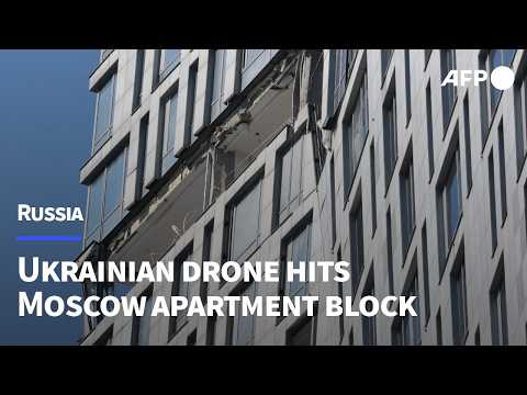 Video Thumbnail: Emergency services on site after Ukrainian drone hits upscale Moscow highrise in rare attack | AFP