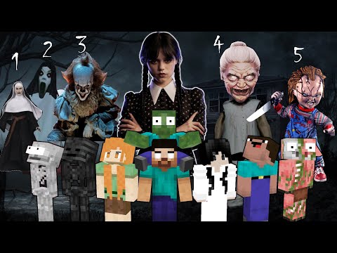 Wednesday Ghost Survival with Granny, Nun, Pennywise and More : Monster School - Minecraft Animation