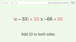 Solving Linear Inequalities: c-33 is Greater Than  -68