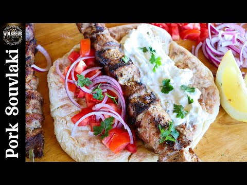 Greek street food at home | Pork souvlaki recipe | Homemade Tzatziki recipe | Grilled pork skewers