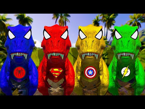 Tyrannosaurus Rex Spiderman vs ALL SUPERHERO CARNIVORE & HERBIVORE DINOSAURS Epic Battle in JWE2