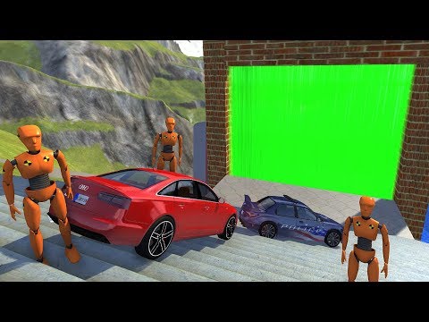 Crazy Vehicle Stairs Jumps Down Through Green Slime Water Wall In Empty Pool - BeamNG drive Stairs