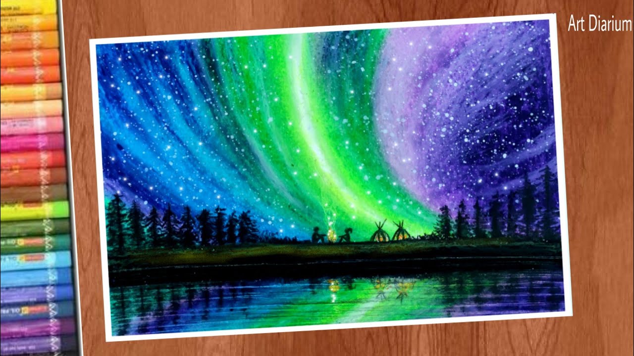 Northern lights drawing using oil pastels