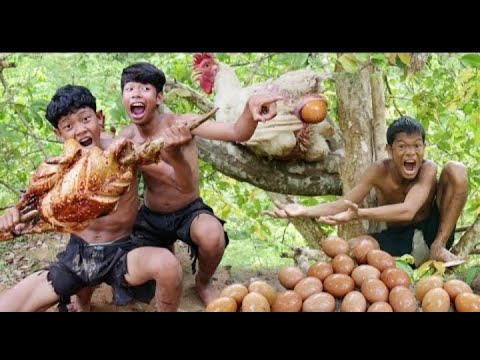 Primitive Technology - New style cooking geese in clay hole - Eating delicious 2