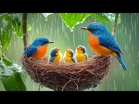 Klusa putnu ģimene lietū 🌧️🌿 Nomierinoša dabas atkopšana pret trauksmi un iekšējo spriedzi