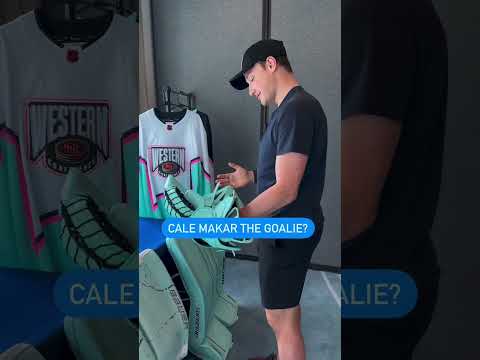 Cale Makar checking out some Bauer Mach Goalie Pads at 22-23 All Star Game #nhl