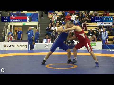 Round 1 GR - 76 kg: I. ILIN (RUS) df. O. DZHAKYPOV (KGZ), 8-6