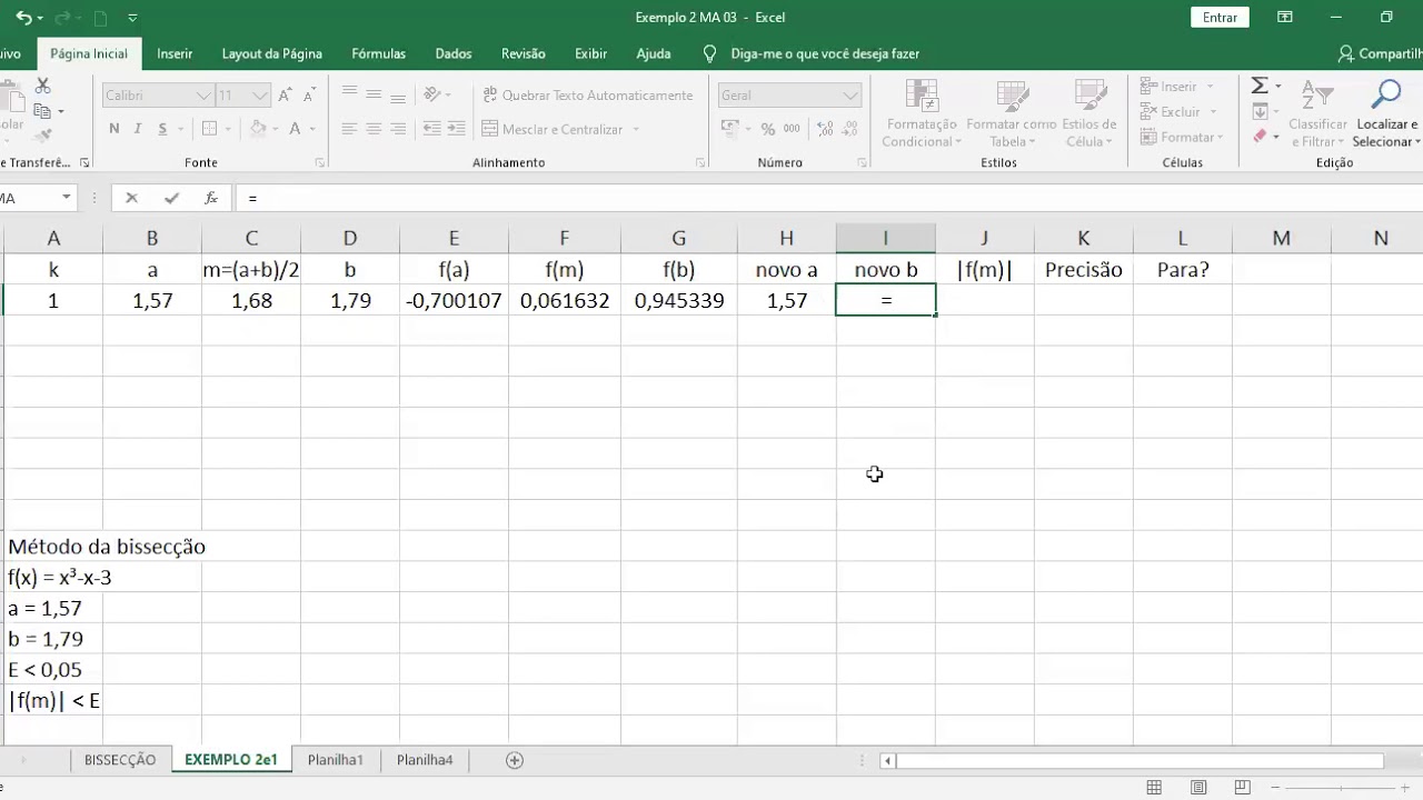 zero de funções - método da bissecção com Excel - Parte 2