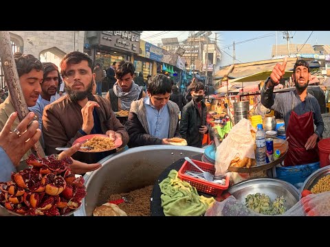 Winter street food and Rush of Afghanistan | Breakfast in Jalalabad | Kabuli Pulao | Channa | fruit