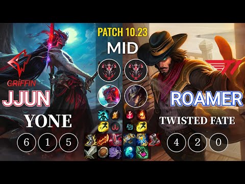GRF jjun Yone vs T1 Roamer Twisted Fate Mid - KR Patch 10.23